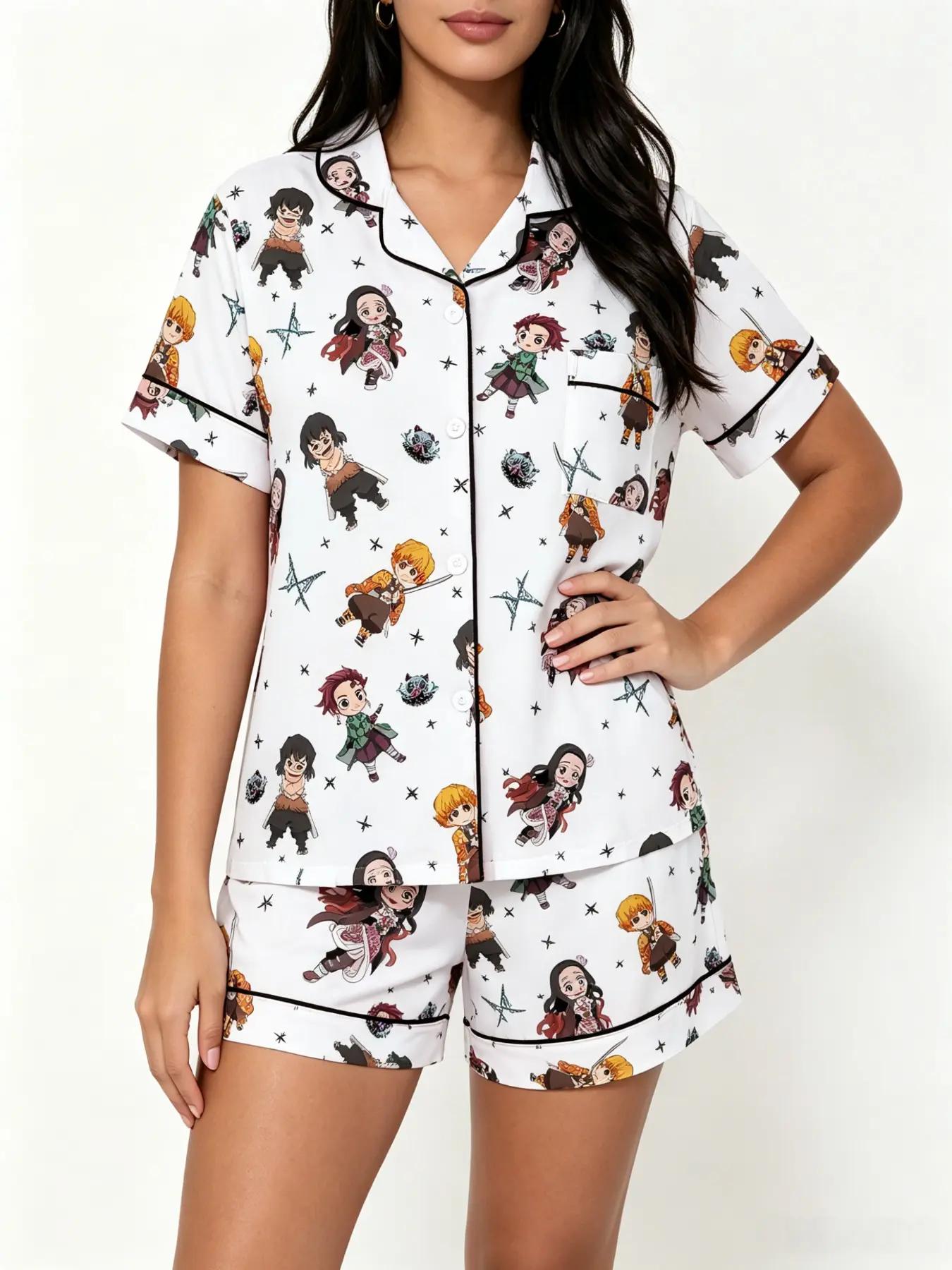 Adorable Anime Print Pajama Set, Soft Short Sleeve Top & Elastic Shorts, Comfortable Home Wear for Teens, Trendy Cartoon Style Loungewear, Homewear