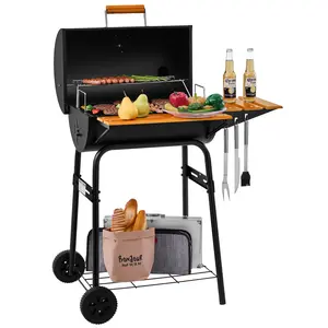 Royal Gourmet Barrel Charcoal Grill, 426 Sq, Wooden Front shelf, Wooden Side Shelf With Hooks, Mesh Bottom Shelf, Blow-Molded Wheels, for Outdoor Grilling and Backyard Cooking, Black				