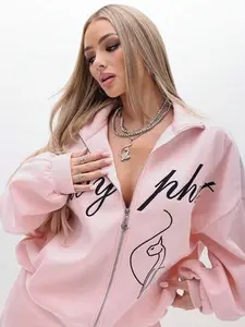 BABYPHAT Oversized High Neck Zip Up Sweatshirt With Script Print And Cat Graphic For Casual Winter Streetwear