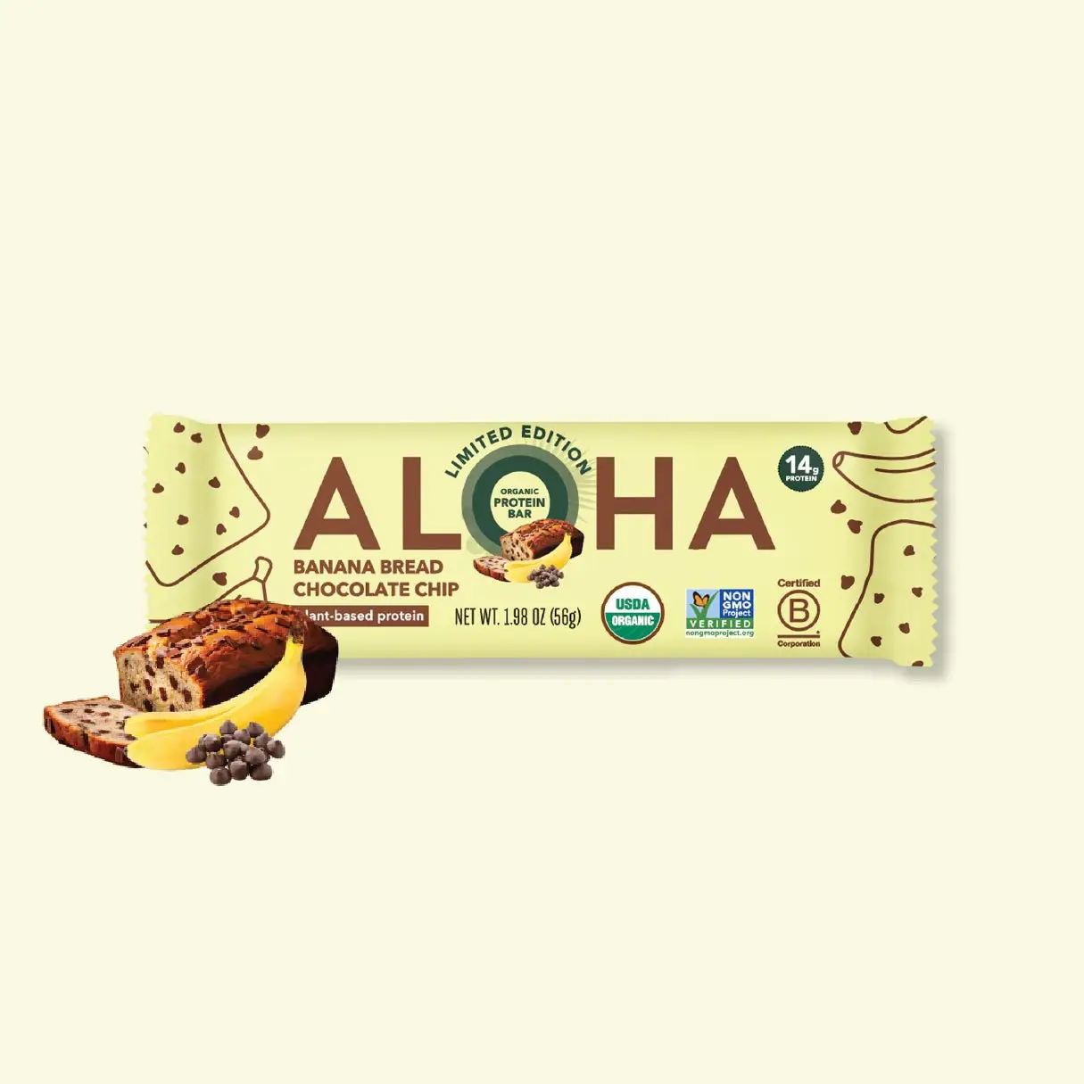 ALOHA Limited Edition Banana Bread Chocolate Chip Protein Bars - 12 Bars - Certified USDA Organic - 100% Plant-Based - 14g Of Protein - Only 3-5g of R