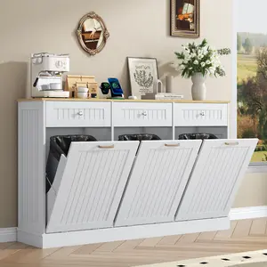 59" Triple Tilt Out Trash Cabinet with Power Outlet 30 Gallon Kitchen Garbage and Recycling Cabinet with 3 Drawers Freestanding Wood Trash Can Storage Black White Grey