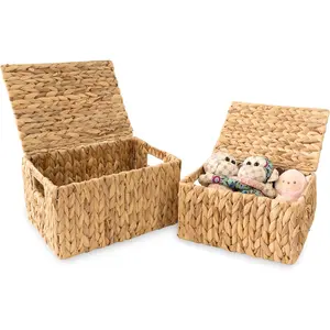 Wicker Storage Baskets with Lid, Set 2 Basket With Lid Decorative Storage Rectangle Wicker Storage Basket With Lid Large Rattan Storage Box Hyacinth Baskets