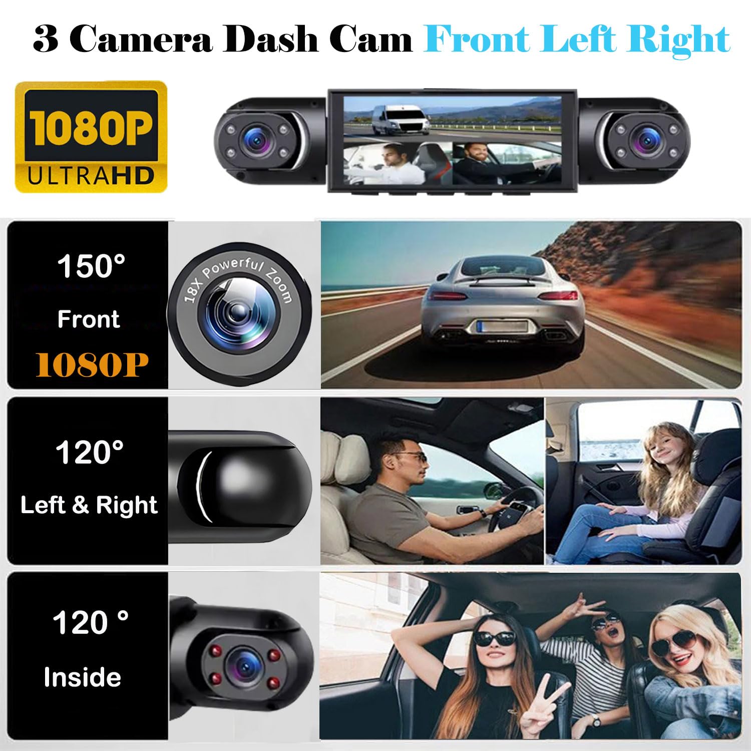 4K 1080P 4 Channel Dash Cam, Front Rear Inside Three Lens Car DVR with 3.16 Inch IPS Screen, 64GB Card Included, Parking Mode, G-Sensor, Night Vision, Loop Recording, HD Video Recording for Car Truck Vehicle 4K 1080P 4 Channel Dash Cam, Front Rear Inside Three Lens Car DVR with 3.16 Inch IPS Screen, 64GB Card Included, Parking Mode, G-Sensor, Night Vision, Loop Recording, HD Video Recording for Car Truck Vehicle