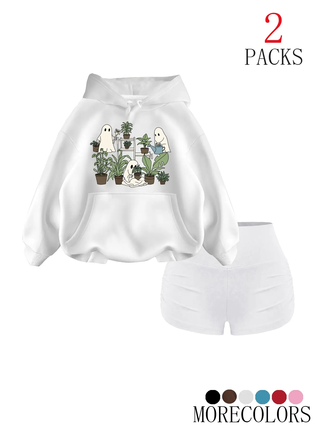 Women's Halloween Hooded Sweatshirt Set Matching Outfit, Casual Fall Winter Drawstring Loose Knit Sweatshirt with Plant and Ghost Print, Perfect Holiday + Fitness Gym Shorts