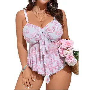 Floral Ruffle Tankini Swimsuit for Plus Size Women, Knot Front, High Waisted 2 Piece Bathing Suit, Tummy Control Swimwear with Full Coverage