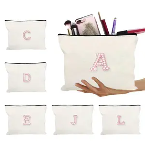 1pc White Zippered Cosmetic Bag with Pearl Lettering,Initials A-Z Letter Pattern, Travel Toiletries Bag, White Letter Makeup Bag,Cosmetic Bag,Makeup Tools, Makeup Brush Storage Bag,Pencil Case,Holiday Bag for Men and Women,Multi-purpose Cosmetic Bag