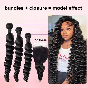 【JOPEAR】40 Inch Loose Deep Wave Bundles Human Hair With 4x4 Closure14A Brazilian Virgin Raw Curly Hair 100% Unprocessed 1 3 4 Bundles Hair Extensions Double Weft #Summer