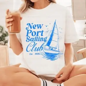 New Port Sailing Club T-Shirt - White Crew Neck Short Sleeve with Sailboat Design, Casual Style for Everyday Wear