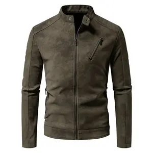 Men's Olive Green Faux Suede Biker Jacket, Stand Collar with Asymmetric Zipper Pocket, Retro Style Casual Outerwear