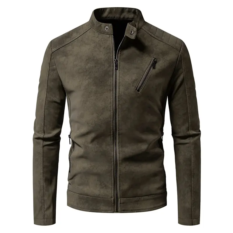 Men's Olive Green Faux Suede Biker Coat - Menswear, Stand Collar, Asymmetric Zipper Pocket, Long Sleeve, Plain Retro Casual Outerwear, Coats, Retro Style, Tops, Fitted, Fitted Cut, Zip Pockets