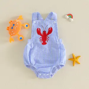 Infant Baby Boy Striped Overalls Romper Crawfish Embroidery Sleeveless Jumpsuit Suspender Pants 0-18 Months