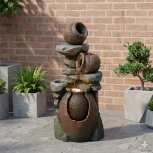 38-in Outdoor LED Water Fountain - Rustic Terracotta Jar Waterfall, Ideal for Garden, Patio Decor (Home Improvement, Garden Supplies)