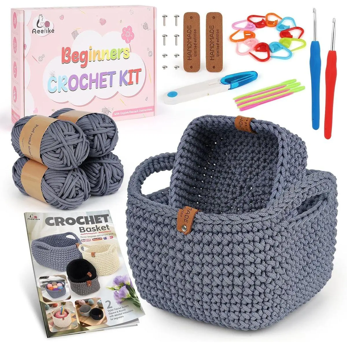 27PCS Crochet Basket Kit for Beginners (L&S), Complete Crocheting Basket for Storage, Knitting Starter Set with Instruction, Beginner Crochet Kit Crocheting Gift for Home Decor