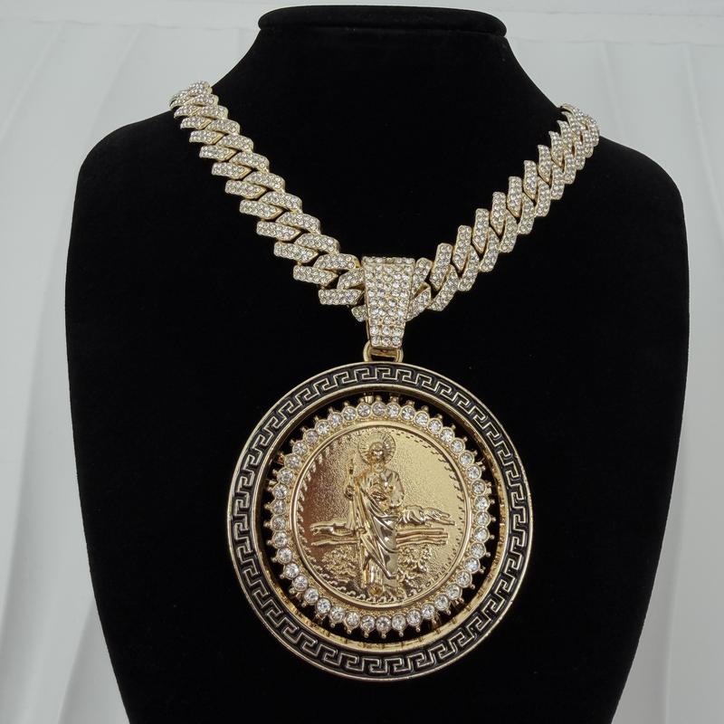 Spinning Coin Centenario 14k Gold Plated Necklace with Medal Pendant CZ Stone 24" Chain Rotatable Centenario