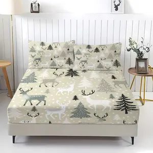 3-piece Bed Sheet Set Christmas reindeer and pine tree pattern fitted sheet, including 1 bed sheet and 2 pillowcases, comfortable bedding with anti-slip dust cover suitable for bedrooms and guest rooms, perfect for personal use or as a Christmas gift