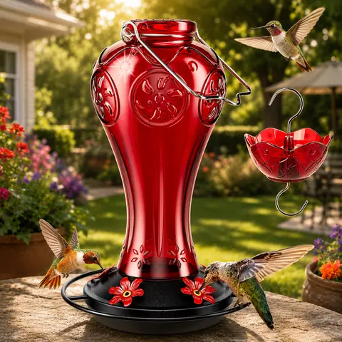 Birdream Glass Metal Hummingbird Feeder for Outdoors - 23oz Hanging Ant-Proof Nectar Holder with 5 Metal Feeding Ports & Ant Moat, Bee Safe Decorative Bird Feeder for Garden Patio