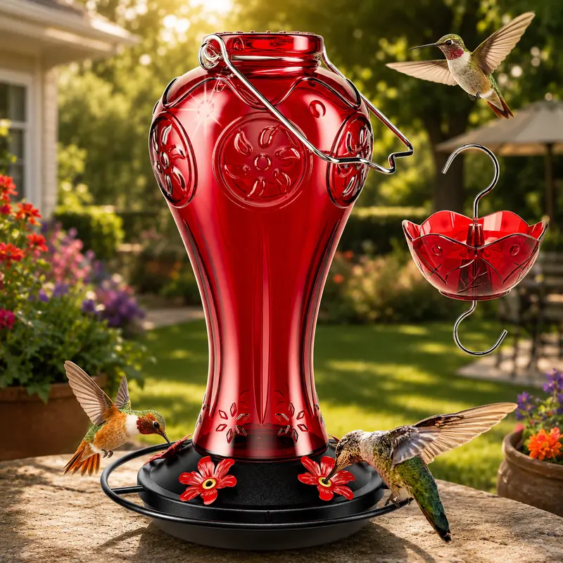 Birdream Glass Metal Hummingbird Feeder for Outdoors - 23oz Hanging Ant-Proof Nectar Holder with 5 Metal Feeding Ports & Ant Moat, Bee Safe Decorative Bird Feeder for Garden Patio