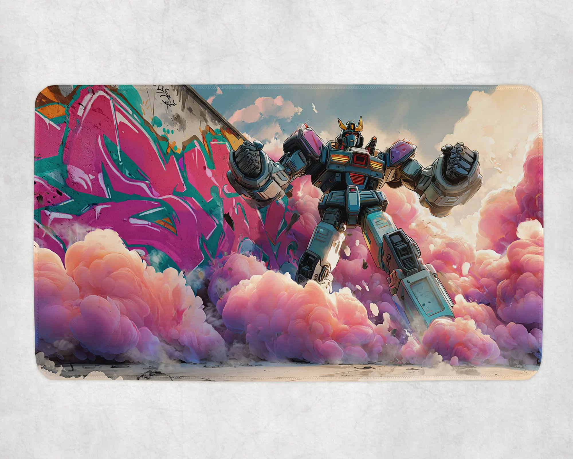Graffiti Burst Robot Mat Giant Mech Spray Wall TCG Playmat Vibrant Pink Cloud Smoke MTG Mat Cyberpunk Magic the Gathering Mat 24x14 inch
