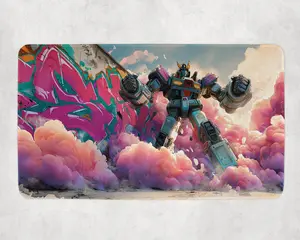 Graffiti Burst Robot Mat Giant Mech Spray Wall TCG Playmat Vibrant Pink Cloud Smoke MTG Mat Cyberpunk Magic the Gathering Mat 24x14 inch