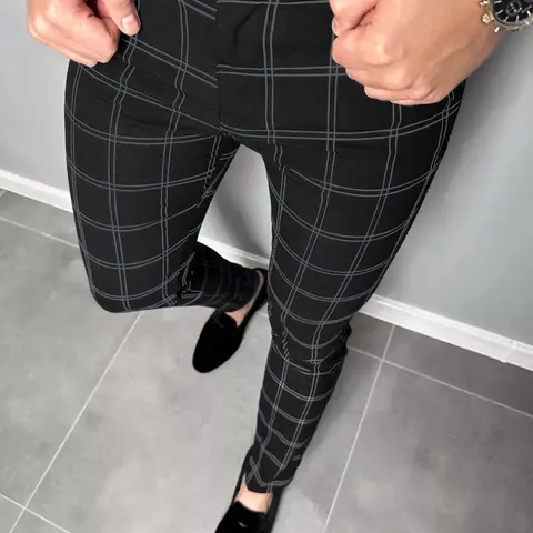 Men's Plaid Print Button Fly Slim Pants, Business Casual Pocket Design Fashion Trousers For All Seasons, Men's Bottoms For Work Office Daily Wear