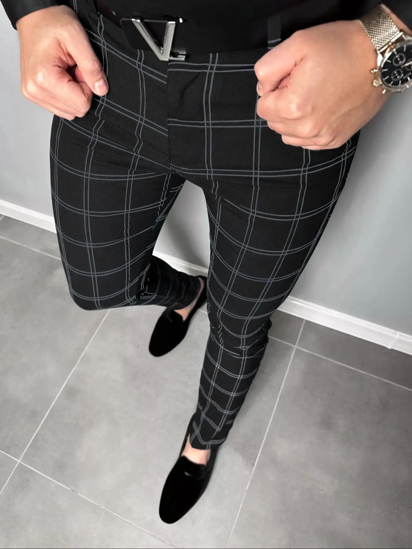 Men's Plaid Print Button Fly Slim Pants, Business Casual Pocket Design Trousers For All Seasons, Men's Bottoms For Work Office Daily Wear