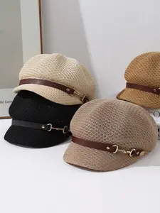 Ladies Hollow Colorblock Beret Hat with Elegant Belt Design, Fashionable Wide Brim Summer Beach Hat, Versatile Sun Protection for Spring & Summer Outings