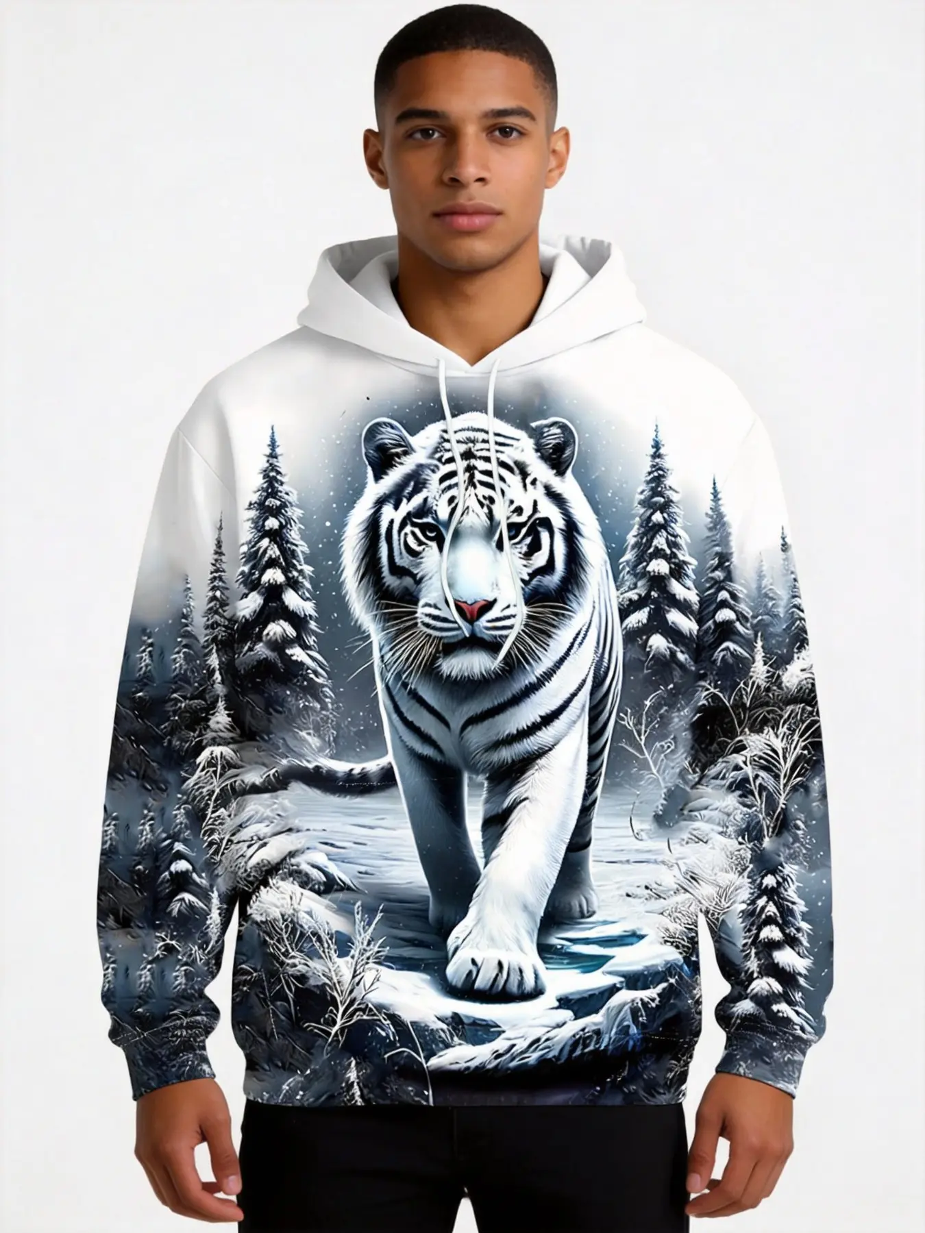 Men's 3D Ice and Snow World White Tiger Pattern Hoodie - Long Sleeve Casual Oversize Pullover with Drawstring Pocket, Spring and Autumn Winter Forest Print Sportswear, Natural Inspiration Decoration, Detailed Print Quality, Machine Washable Fabric