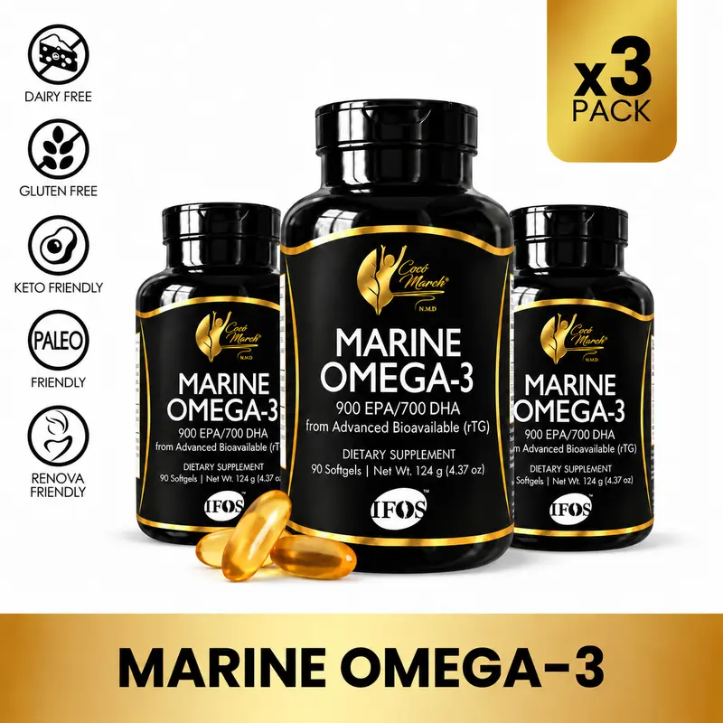 3 Bottles of Cocó March N.M.D Marine Omega-3 Fish Oil Supplement for Adults, 900 mg EPA + 700 mg DHA, rTG Fish Oil, 90 Softgels