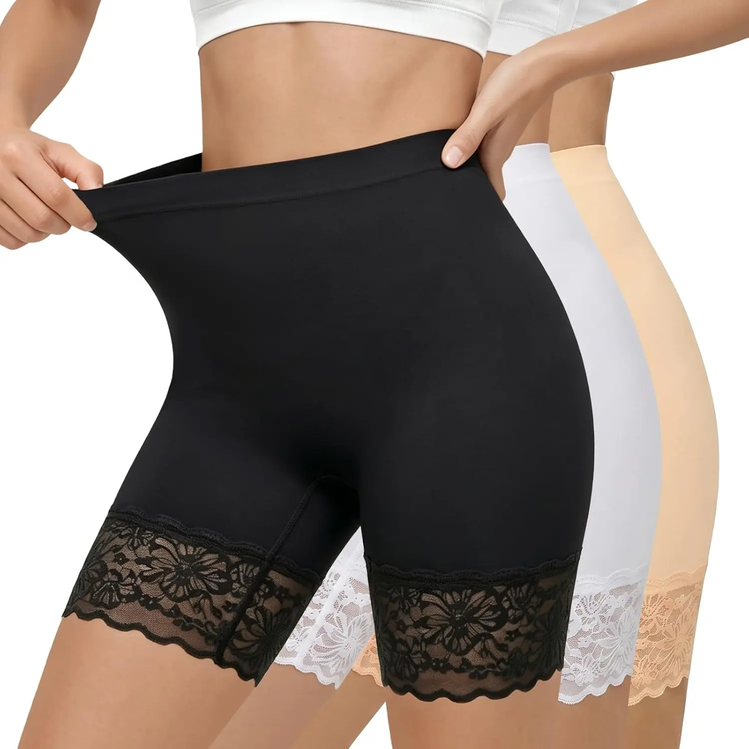 ZENUTA 3pcs Lace Slip Shorts for Under Dresses Women, Anti Chafing Shorts Women, Bloomers Boyshorts Panties Lace leggings, 3Pcs Black White Nude, Lace Trim