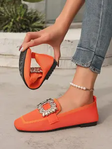 Elegant Women's Square Toe Flats, Slip-On Casual Shoes with Metal Buckle, Trendy Comfortable Non-Slip Sneakers for Daily Wear, Breathable Flats