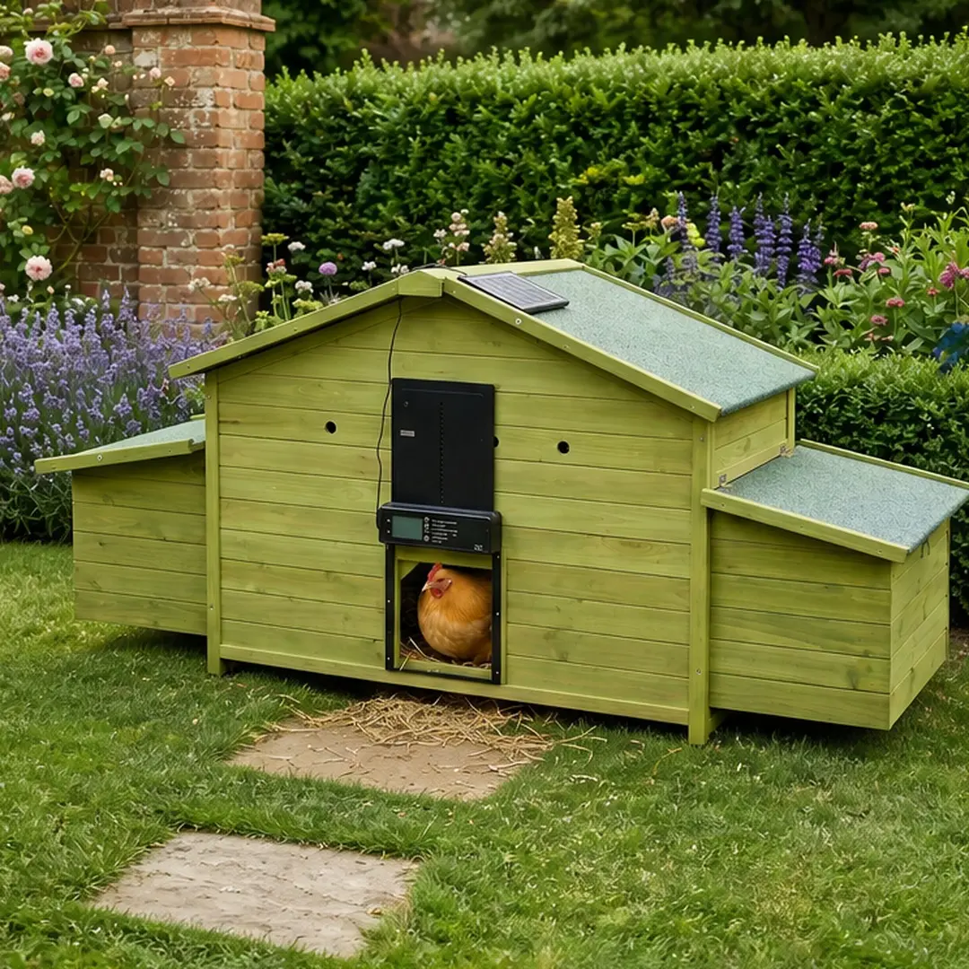 ARCH Solid Wood Chicken Coop with Solar-Powered Automatic Door, Timer & Light Sensor, Weatherproof Outdoor Hen House with 2 Nesting Boxes, Pull-Out Tray, Remote Control, Ventilated Design, Green, 70" D x 27.9" W x 31.8" H, Green Color Options