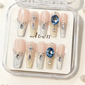 Handmade Nude Silver Cat Eye Press On Nails - Ombre Glitter with Blue Rhinestone Chain, Long Coffin Reusable Fake Nails, Salon Quality