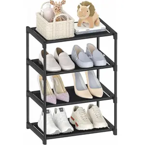 4 Tier Small Shoe Rack, Narrow Stackable Kids Toddler Adult Shoe Storage Organizer Shelf for Closet Floor Entryway Bedroom, Space Saver Shoe Rack Organization Shelves