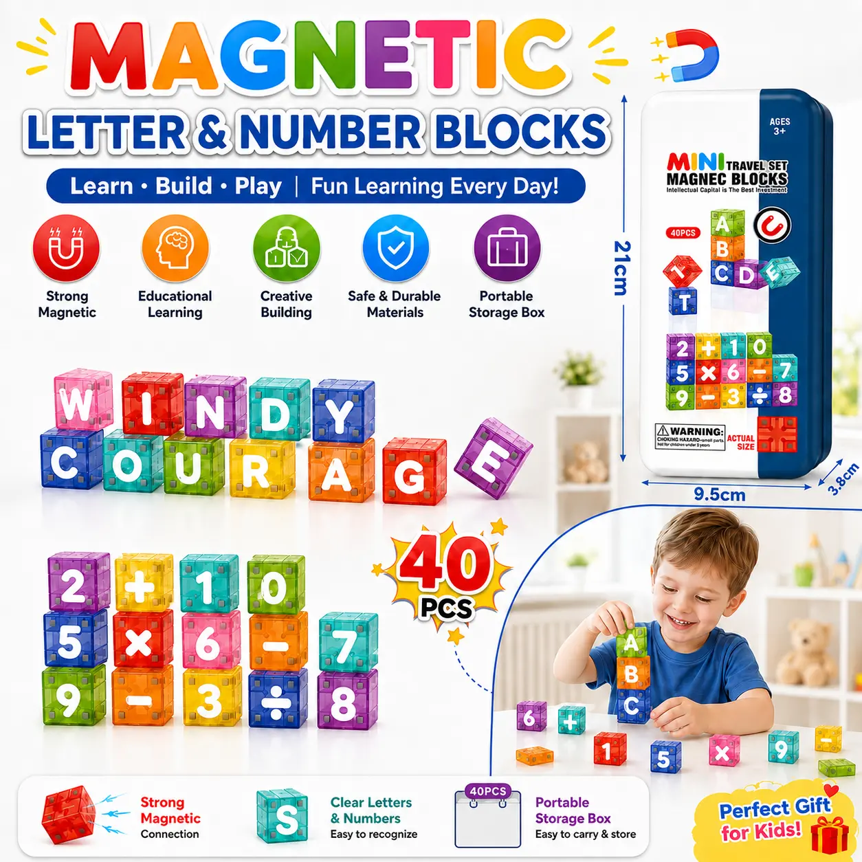 40PCS Vibrant Magnetic Letter & Number Building Block Bricks Shape Sorters STEM Learning Set - Strong Magnets, Logical Thinking, Hand-Eye Coordination, Alphabet Recognition Toy with Portable Storage Box for Kids Ages 4-8