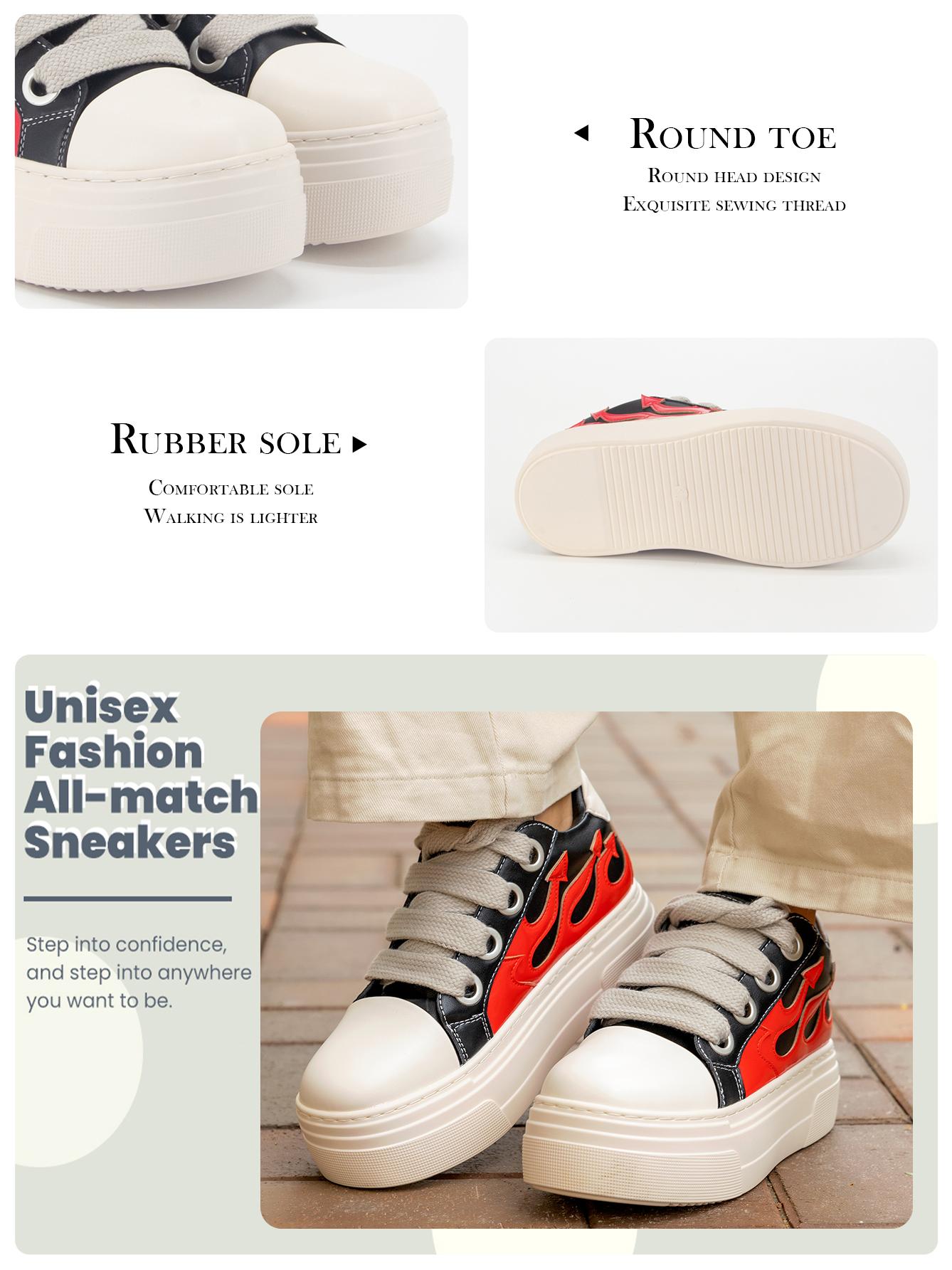 GOGD Men Women Platform Canvas Sneakers Thick Sole Flaming Design Round Toe Lace Up Casual Comfortable Sports Walking Concert Trendy Shoes outdoorfun