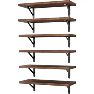 16.5inch Wall-mounted floating shelves, suitable for bedroom, bathroom storage, living room and kitchen decoration (6-piece set in dark carbonized pine)