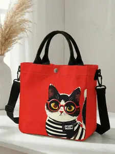 1 piece of striped cat pattern 2D printed fashionable crossbody bag, adjustable shoulder strap + snap closure | students/workforce/street shopping | a street essential that combines aesthetic appeal and practicality Crossbody Tote Bag