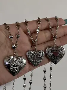 Y2k Style Stainless Steel Heart Pendant Necklace Set, Love Heart Necklace, Diy Photo Box Design, Trendy Party Dainty Fashion Jewelry for Women, All Season Wear