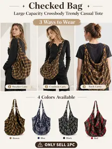 Vintage Checkered Bags Large Capacity Tote Bag, Crossbody Shoulder Purse with Spacious Interior, Oversized Plaid Pattern Backpack, Commuter Bag for Women, Lightweight and comfortable, Convertible 3-in-1 Handbag for Work, Travel and Daily Commute