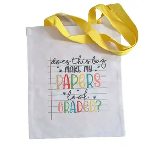 Canvas Tote Bag 13x14in Yellow Handles with "Does This Bag MAKE MY PAPERS LOOK GRADED?" Design, Personalize with Name neutral totebag