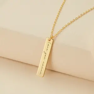 Gold Plated Sterling Silver Personalized Long Narrow Slide Rectangle Pendant Necklace ,Vertical Bar Necklace