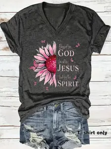 Women's Vintage Spirit Print V Neck Tee, Bold Graphic Tee, Casual Loose Fit Short Sleeve T-shirt for Summer, Ladies Clothes for Daily Wear, Top
