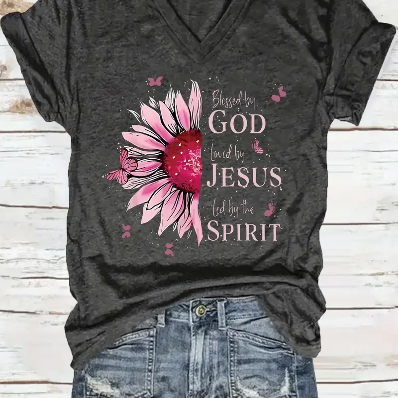 Women's Vintage Spirit Print V Neck Tee, Bold Graphic Tee, Casual Loose Fit Short Sleeve T-shirt for Summer, Ladies Clothes for Daily Wear, Top