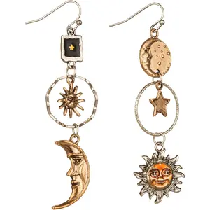 Vintage Sun Moon Star Dangle Earrings for Women Greek Mythology Asymmetric Drop Earrings Gold Copper Material French Wire Design 2.36 Inches Length Perfect Gift