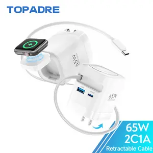 65W All-in-1 Wireless Charger for Apple Watch with Retractable Cable, GaN High Power 4-in-1 Charging Device for Apple Watch, iPhone 17/16/15,  Tablet, Wireless Earbuds