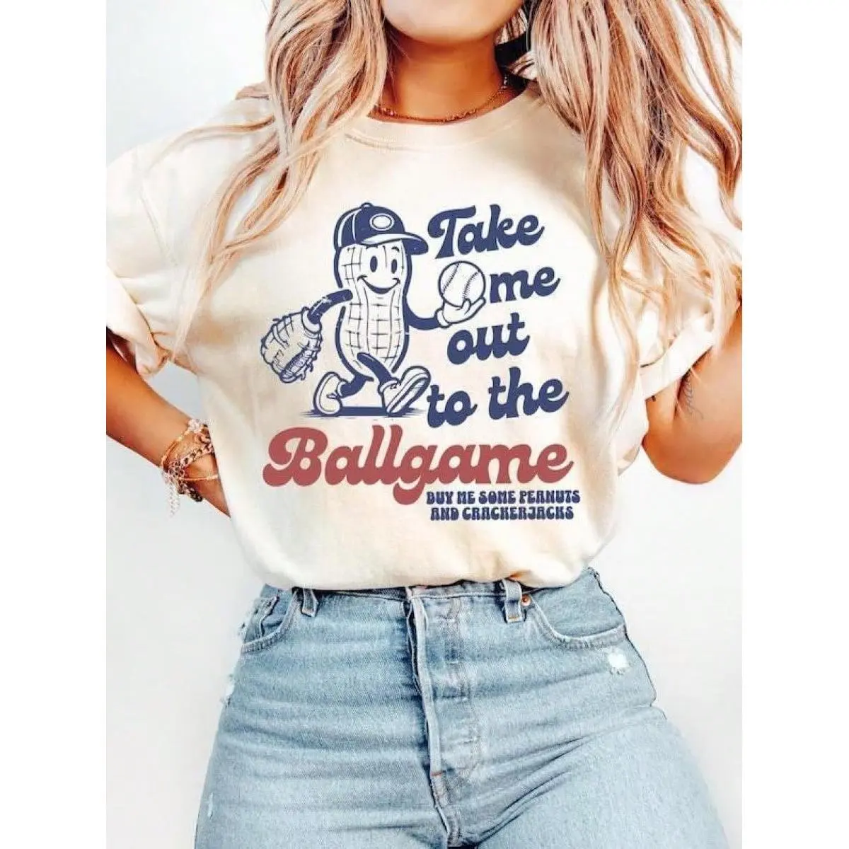 Women's Vintage "Take Me Out To The Ballgame" Baseball Print T-Shirt - Everyday Casual Top for Game Day, Baseball Print Women's T-Shirts, Casual Loose Tee, Graphic, Cotton
