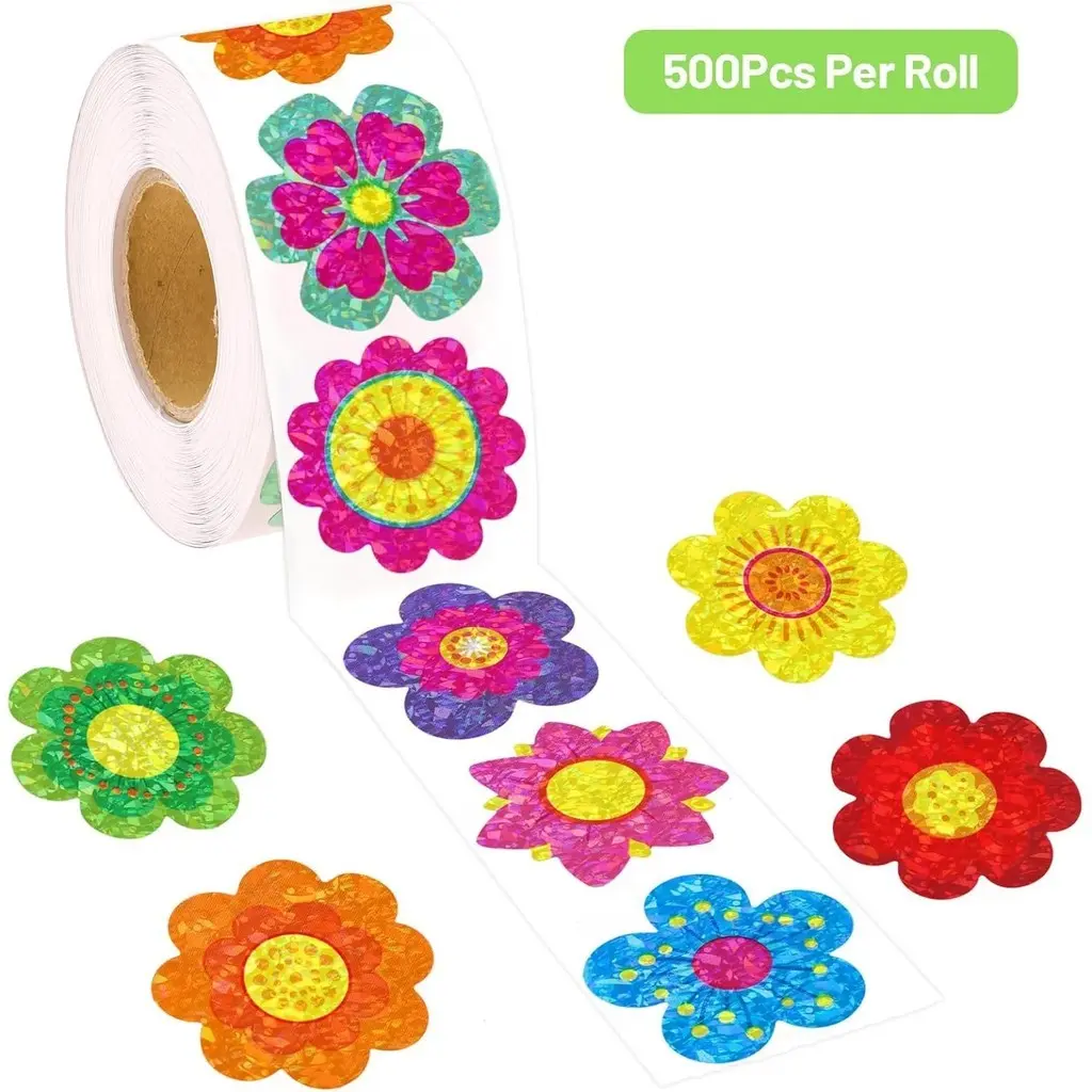 500Pcs/Roll 2.5cm Flower Shaped Holographic Assorted Stickers - Floral Pattern Sticker Gift Box Seals & Decorative Labels bulingbulingsticker