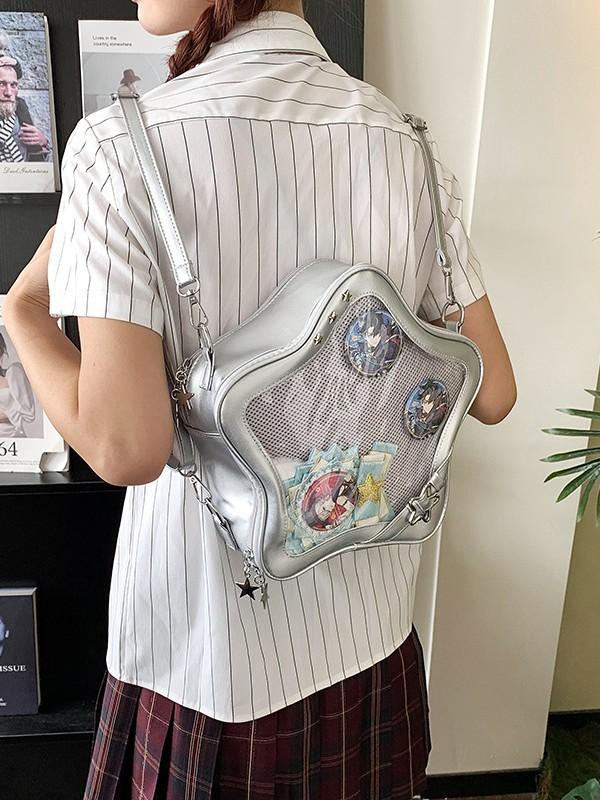 RIVERICH 3-Way Convertible Star-Shaped Ita Bag for Anime & K-Pop Fans, Multi-Strap Acrylic Display Backpack with Removable Shoulder Straps. This unique pentagram bag features a clear window to showcase your pins, charms, and collectibles