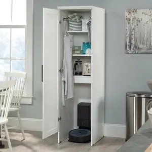 Kitchen Pantry Storage Cabinet, Single Door, Adjustable Shelves, in Soft White