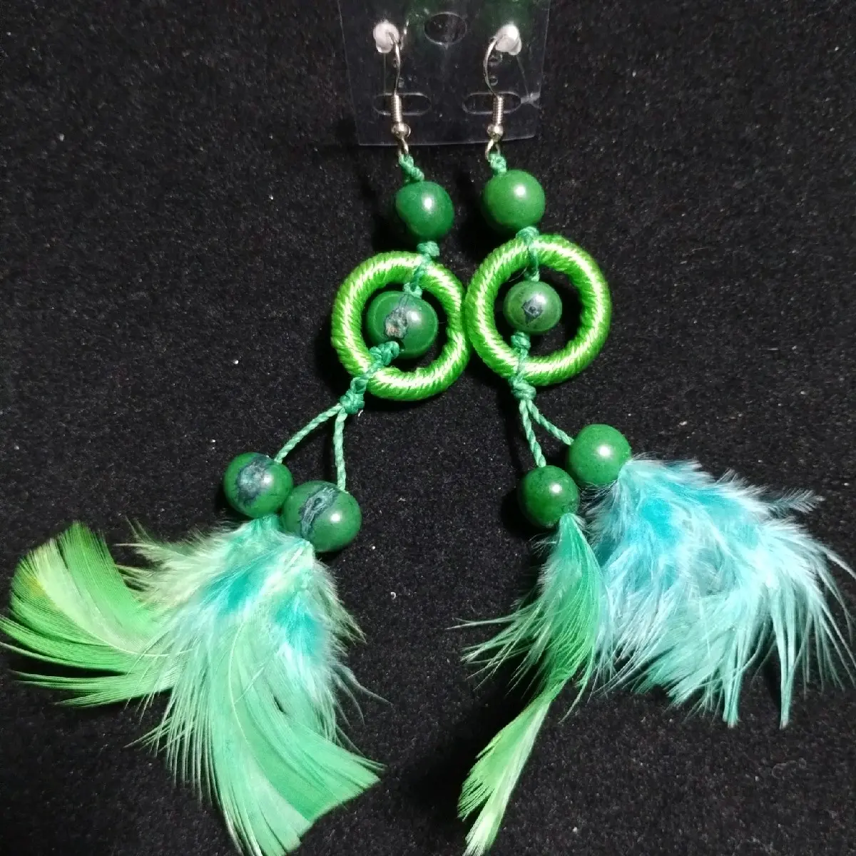 Green Native American Feather Fish Hook Earrings with Beads for Fashion Accessory